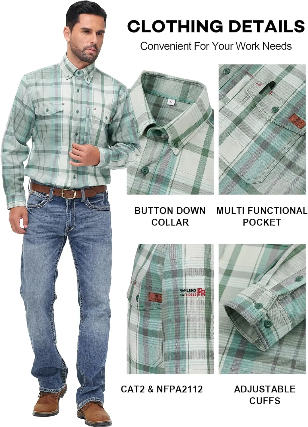 FR Shirts for Men 6.5OZ Welding Shirt Pearl Snap Light Weight Flame Resistant Shirts CAT2/NFPA2112