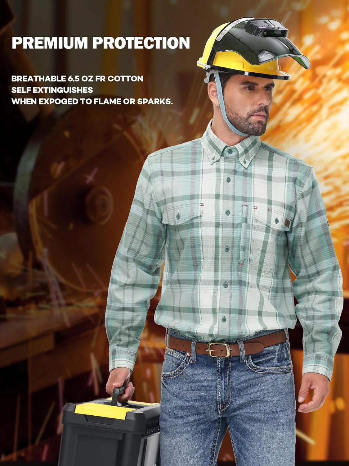 FR Shirts for Men 6.5OZ Welding Shirt Pearl Snap Light Weight Flame Resistant Shirts CAT2/NFPA2112