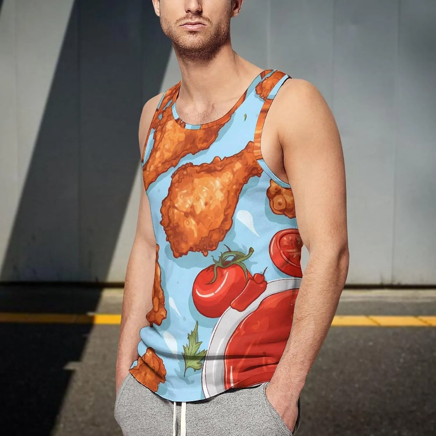 Fried Chicken and Tomato Sauce Men's Tank Top Sleeveless T-Shirt Pullover Vest Shirts Gym Workout Beach Funny