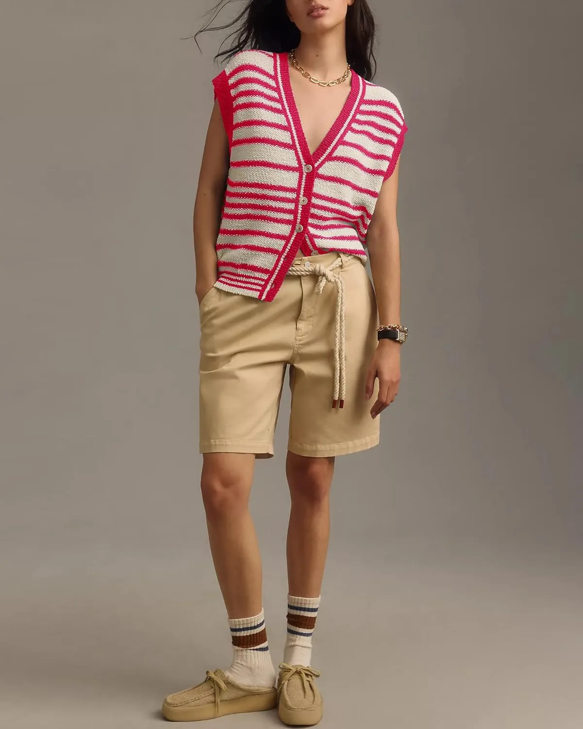 Gacaky Womens Striped Cap Sleeve Knit Sweater Vest Tank Tops Button Up Cardigan Sweater Vests