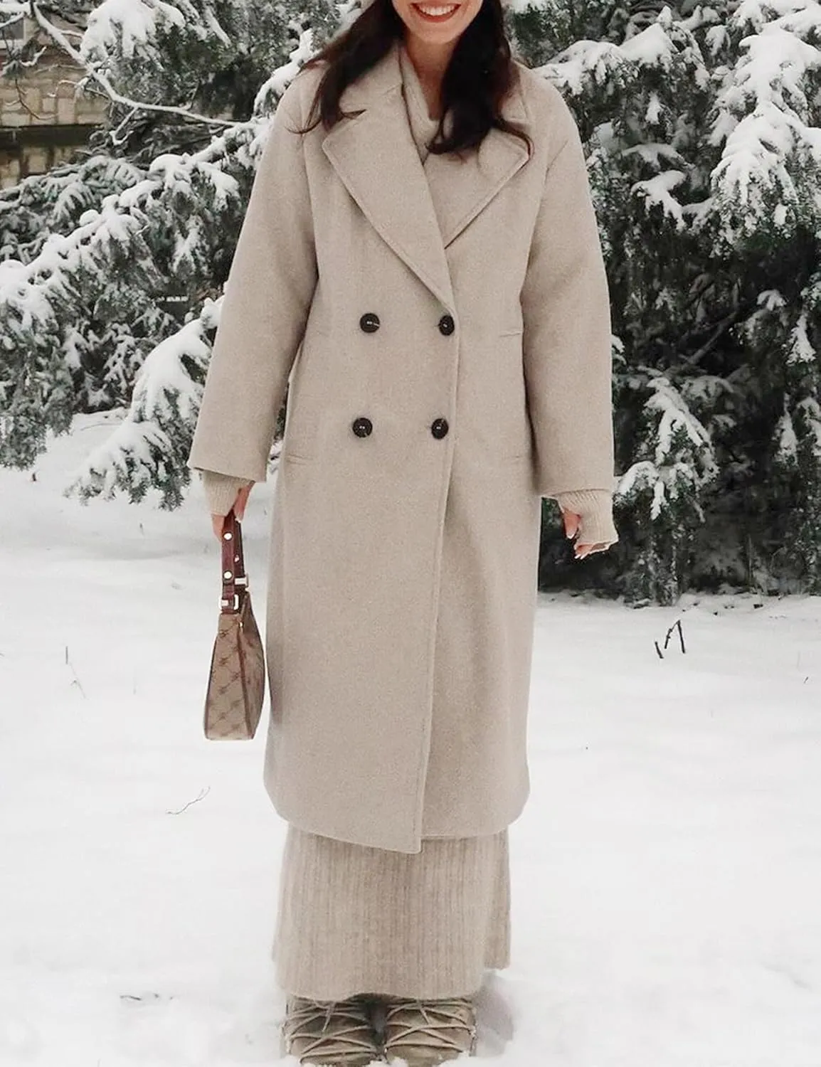 Gihuo Women's Notched Collar Wool Blend Pea Coat Winter Double Breasted Trench Coat Long Oversized Button Down Overcoats