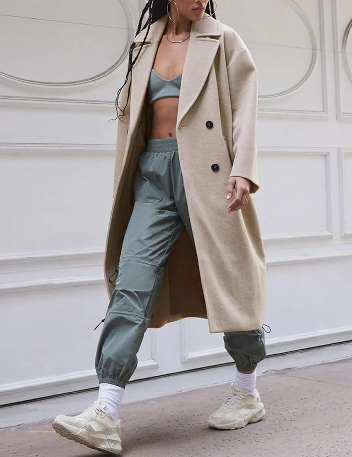 Gihuo Women's Notched Collar Wool Blend Pea Coat Winter Double Breasted Trench Coat Long Oversized Button Down Overcoats