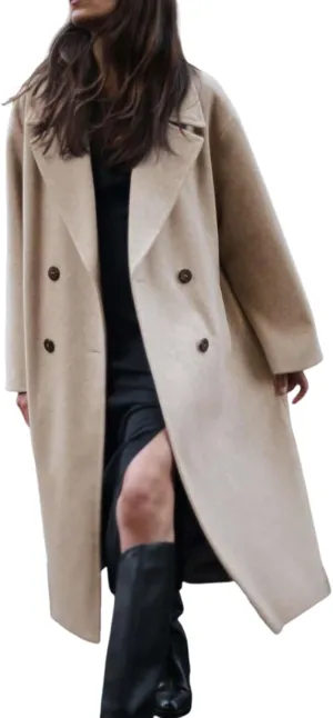 Gihuo Women's Notched Collar Wool Blend Pea Coat Winter Double Breasted Trench Coat Long Oversized Button Down Overcoats