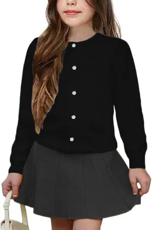 Girls' Cardigan Sweater [Cute Petal Buttons] Cotton Long Sleeve Crewneck Uniform Sweater for 5-14 Years Girls