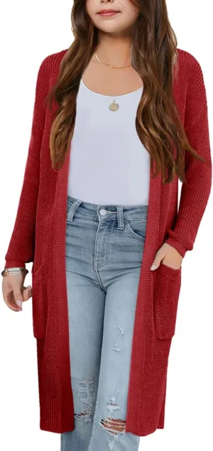 Girl's Open Front Cardigan Long Sleeve Knit Sweaters Lightweight Summer Solid Loose Outerwear Coats with Pockets