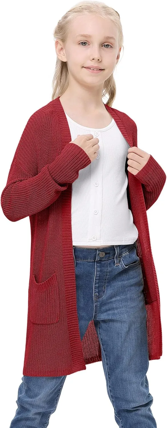 Girl's Open Front Cardigan Long Sleeve Knit Sweaters Lightweight Summer Solid Loose Outerwear Coats with Pockets