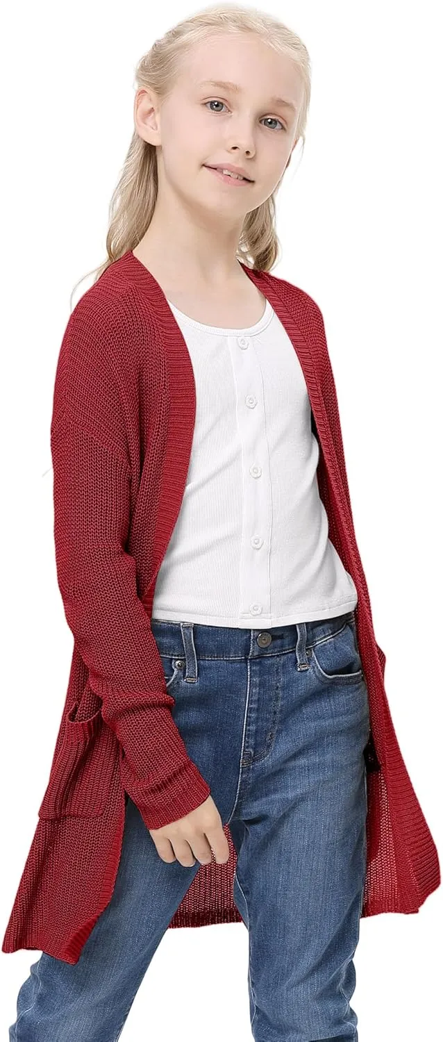 Girl's Open Front Cardigan Long Sleeve Knit Sweaters Lightweight Summer Solid Loose Outerwear Coats with Pockets