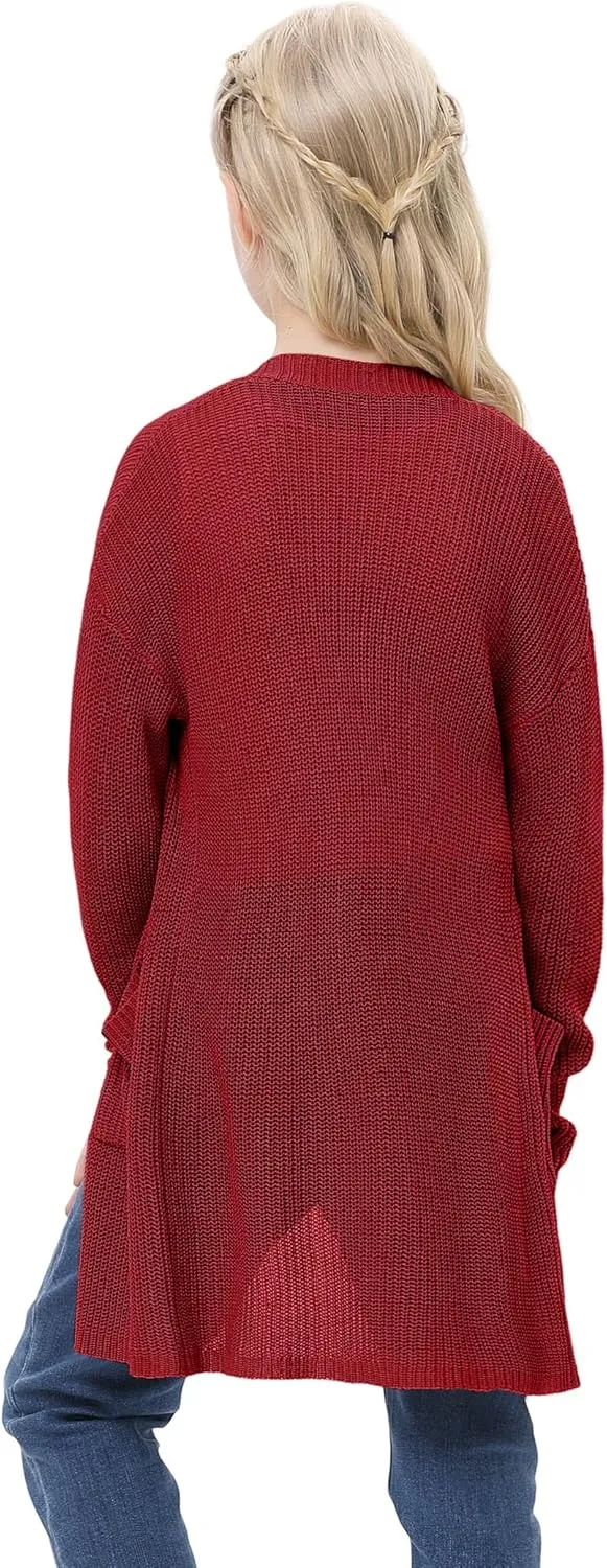 Girl's Open Front Cardigan Long Sleeve Knit Sweaters Lightweight Summer Solid Loose Outerwear Coats with Pockets