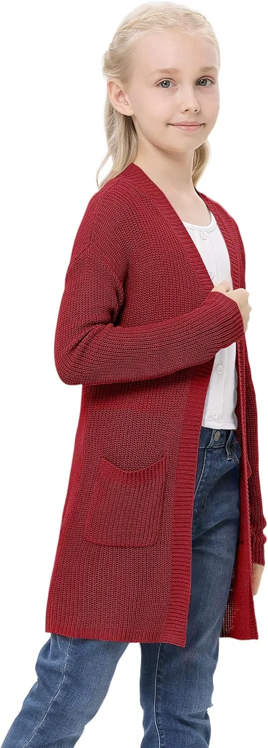 Girl's Open Front Cardigan Long Sleeve Knit Sweaters Lightweight Summer Solid Loose Outerwear Coats with Pockets
