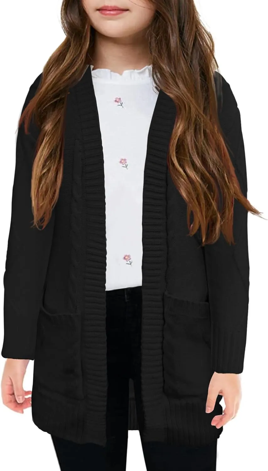 Girls Open Front Cardigan Midi Length Long Sleeve Knit Sweater School Uniform Sweater Outwears with Pockets 5-14 Years