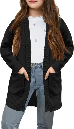 Girls Open Front Cardigan Midi Length Long Sleeve Knit Sweater School Uniform Sweater Outwears with Pockets 5-14 Years