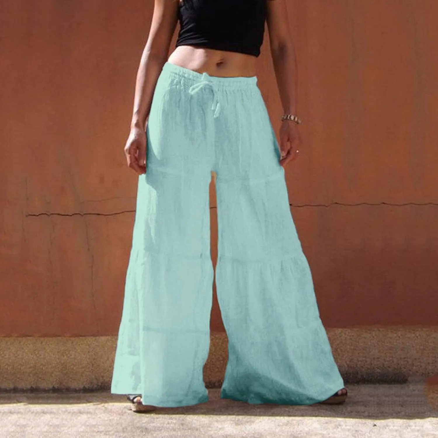GOKKILRW Womens Boho High Waisted Smocked Ruffle Hem Wide Leg Palazzo Pants Cotton Linen Casual Loose Tiered Lounge Trousers