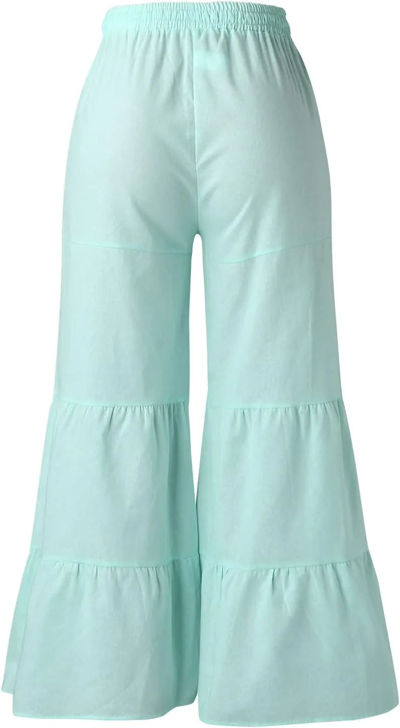 GOKKILRW Womens Boho High Waisted Smocked Ruffle Hem Wide Leg Palazzo Pants Cotton Linen Casual Loose Tiered Lounge Trousers