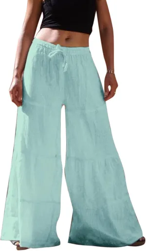 GOKKILRW Womens Boho High Waisted Smocked Ruffle Hem Wide Leg Palazzo Pants Cotton Linen Casual Loose Tiered Lounge Trousers