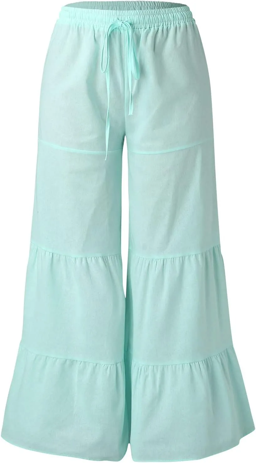 GOKKILRW Womens Boho High Waisted Smocked Ruffle Hem Wide Leg Palazzo Pants Cotton Linen Casual Loose Tiered Lounge Trousers