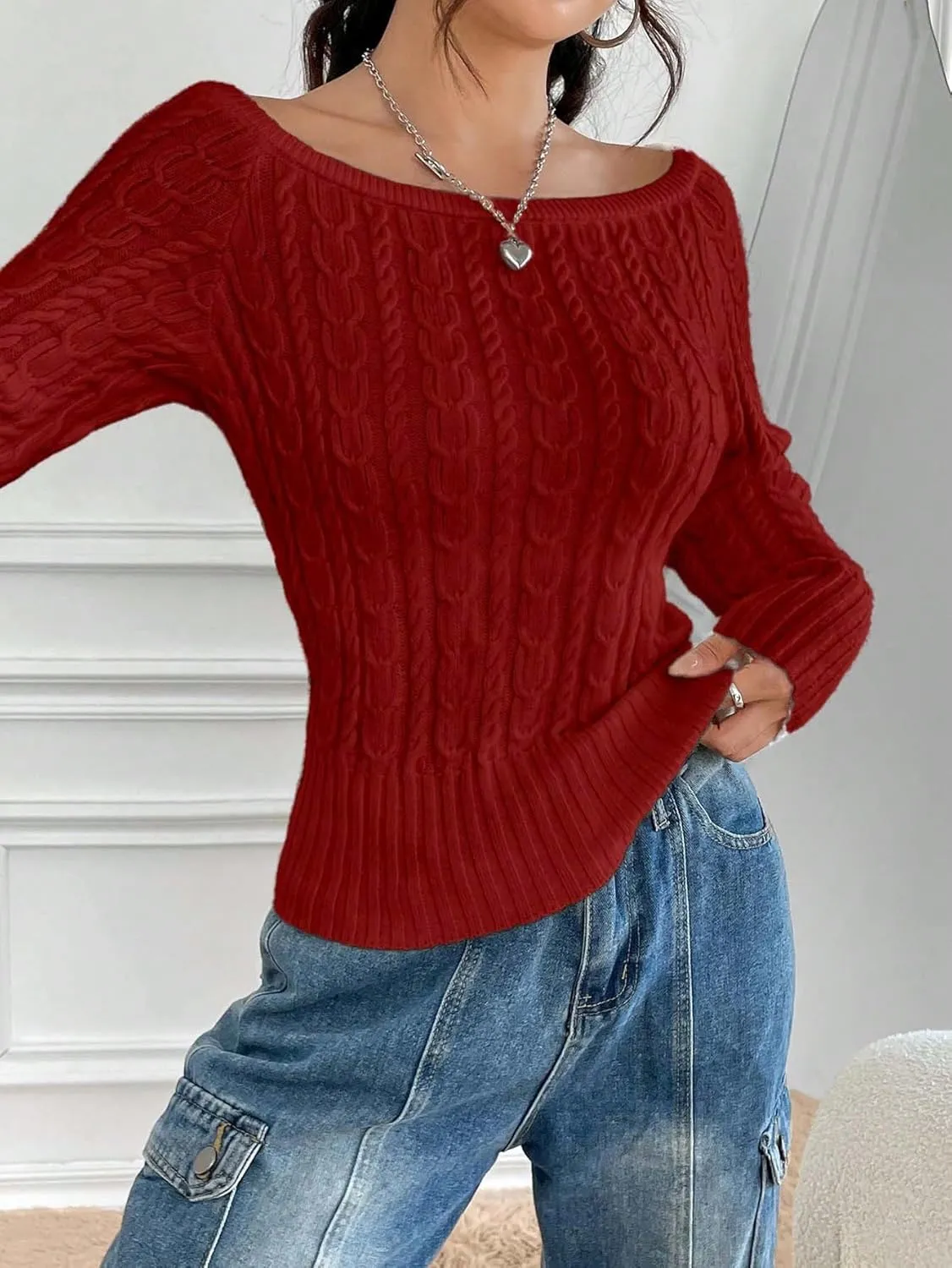 GORGLITTER Women's Off The Shoulder Cable Knit Sweater Long Sleeve Knitted Sweater Pullover Tops