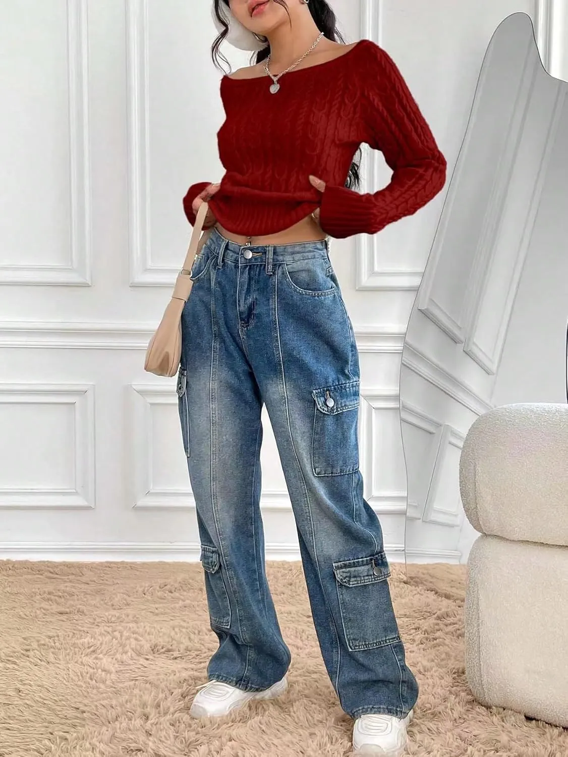 GORGLITTER Women's Off The Shoulder Cable Knit Sweater Long Sleeve Knitted Sweater Pullover Tops