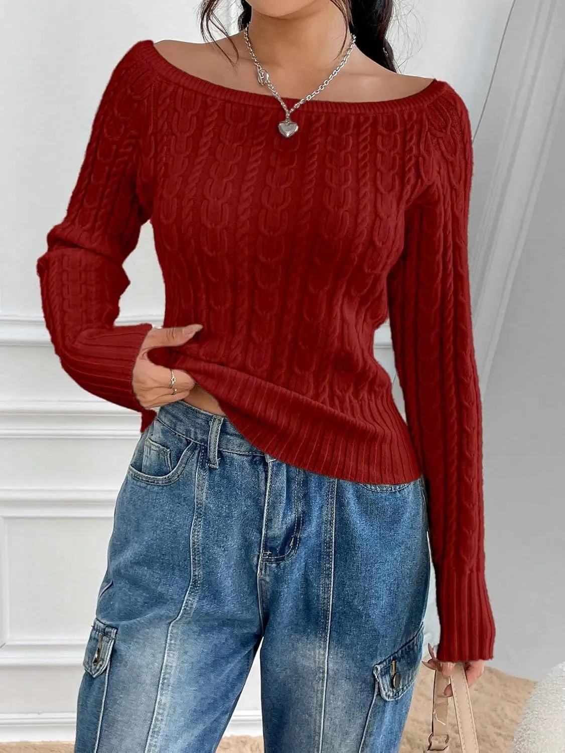 GORGLITTER Women's Off The Shoulder Cable Knit Sweater Long Sleeve Knitted Sweater Pullover Tops