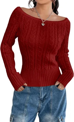 GORGLITTER Women's Off The Shoulder Cable Knit Sweater Long Sleeve Knitted Sweater Pullover Tops