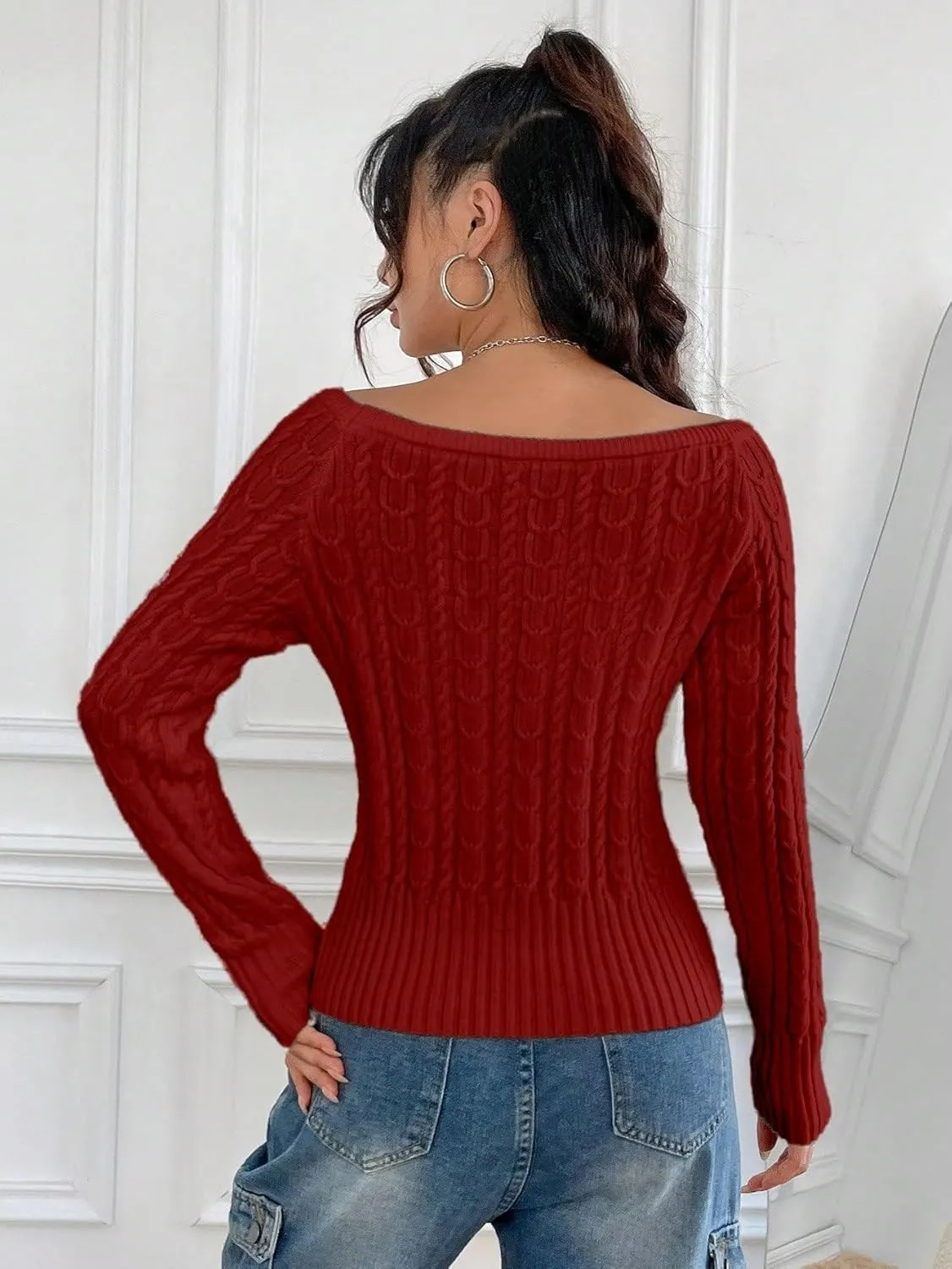 GORGLITTER Women's Off The Shoulder Cable Knit Sweater Long Sleeve Knitted Sweater Pullover Tops