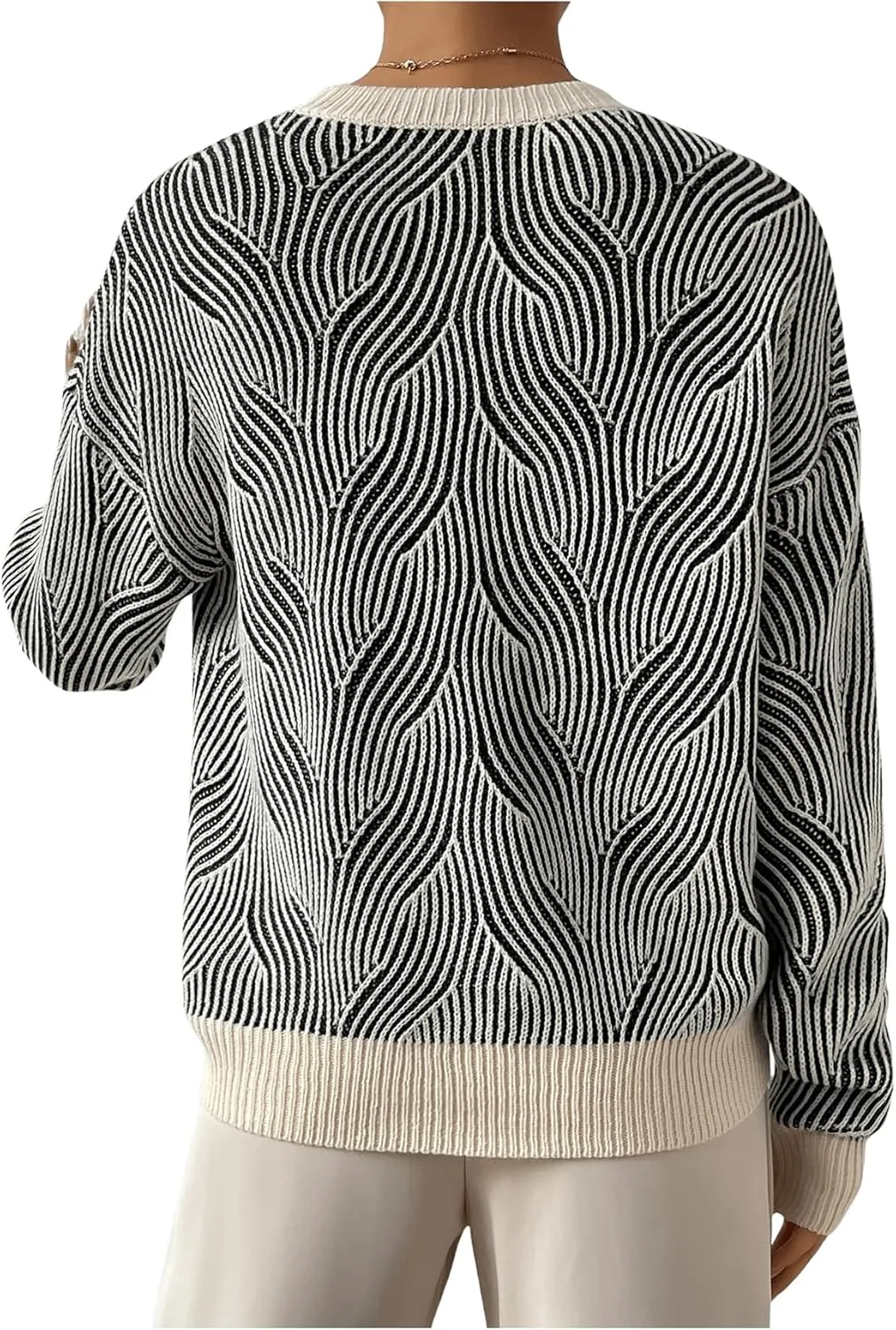GORGLITTER Women's Striped Long Sleeve Sweaters Round Neck Drop Shoulder Pullover Crop Tops