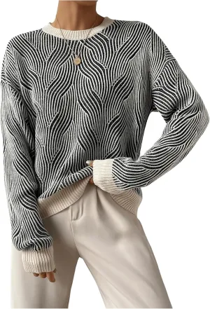 GORGLITTER Women's Striped Long Sleeve Sweaters Round Neck Drop Shoulder Pullover Crop Tops