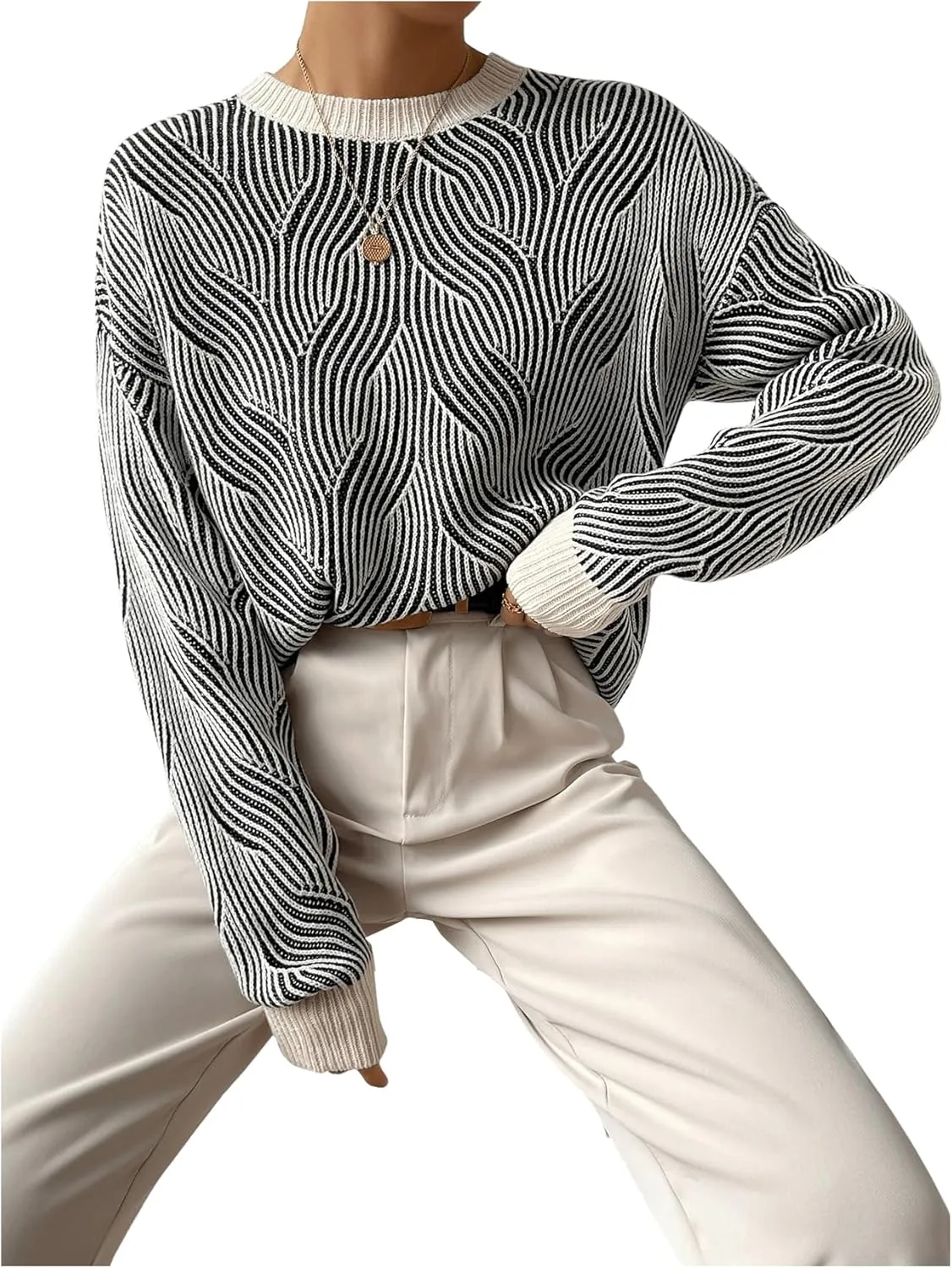 GORGLITTER Women's Striped Long Sleeve Sweaters Round Neck Drop Shoulder Pullover Crop Tops