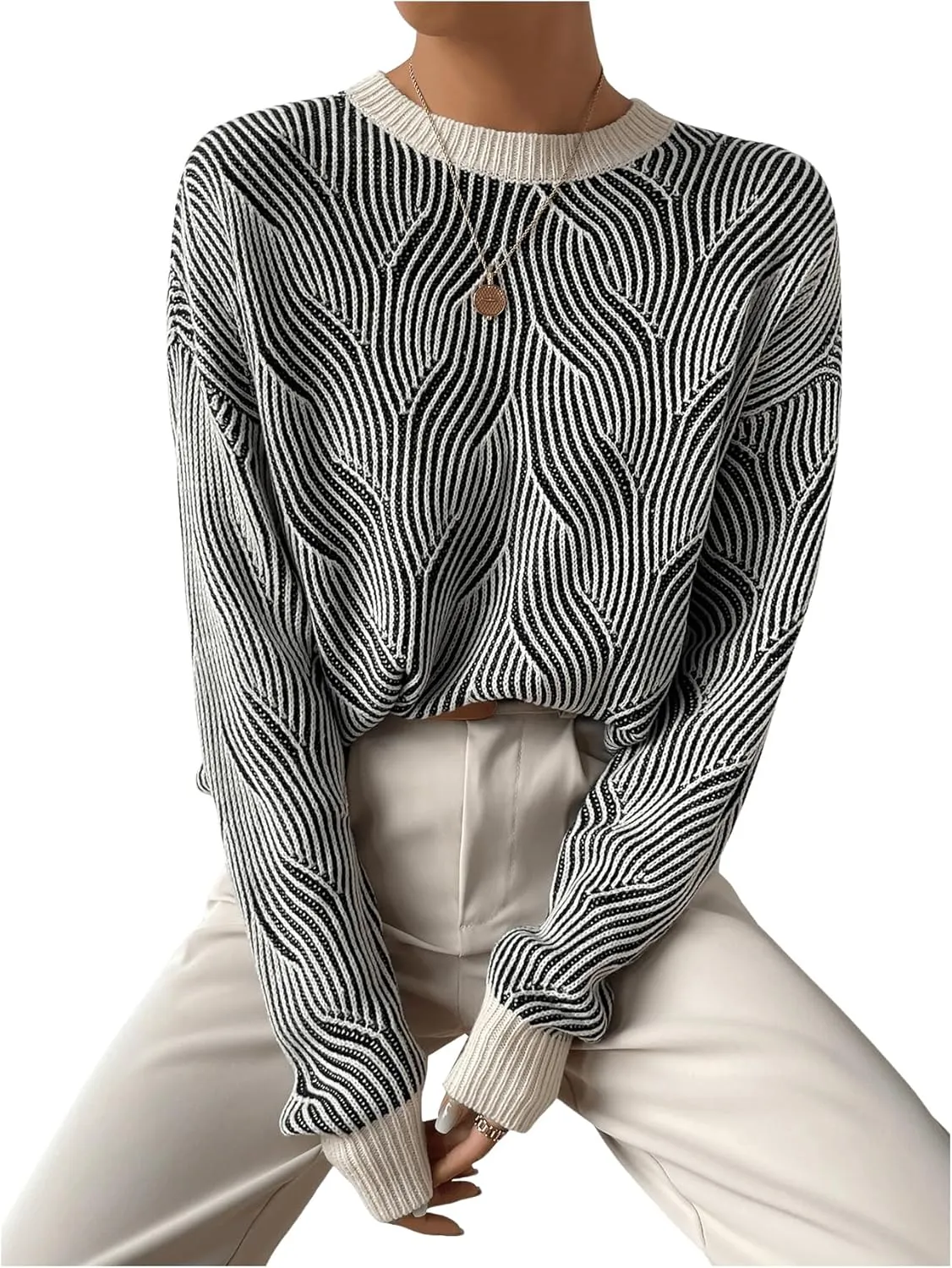 GORGLITTER Women's Striped Long Sleeve Sweaters Round Neck Drop Shoulder Pullover Crop Tops