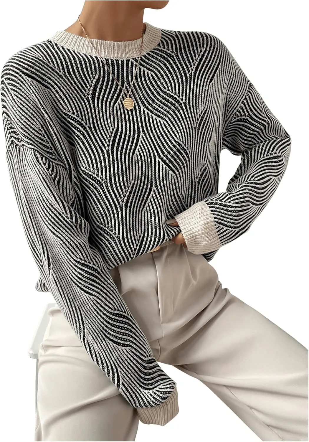 GORGLITTER Women's Striped Long Sleeve Sweaters Round Neck Drop Shoulder Pullover Crop Tops