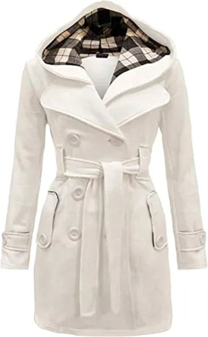 GRASWE Womens Double Breasted Casual Jacket Spring Fall Commuting Coat Loose Belted Mid Length Hood Pea Coat