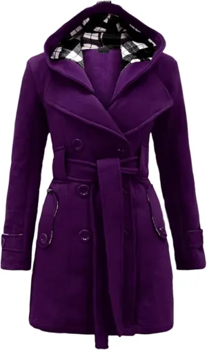 GRASWE Women's Winter Double Breasted Plaid Pea Coat Mid Long Outwear Coat with Hood
