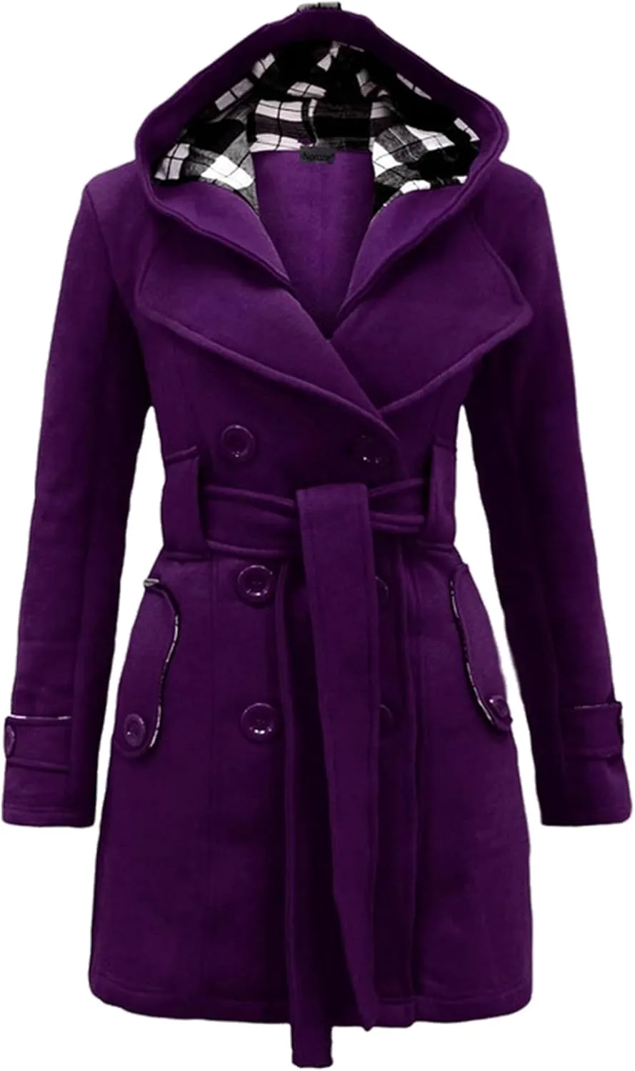 GRASWE Women's Winter Double Breasted Plaid Pea Coat Mid Long Outwear Coat with Hood