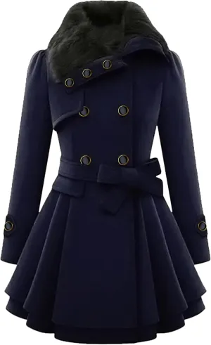 GRASWE Women's Winter Faux Fur Collar Coat Thick Wool Blend Double Breasted Trench Coat Warm Swing Jacket