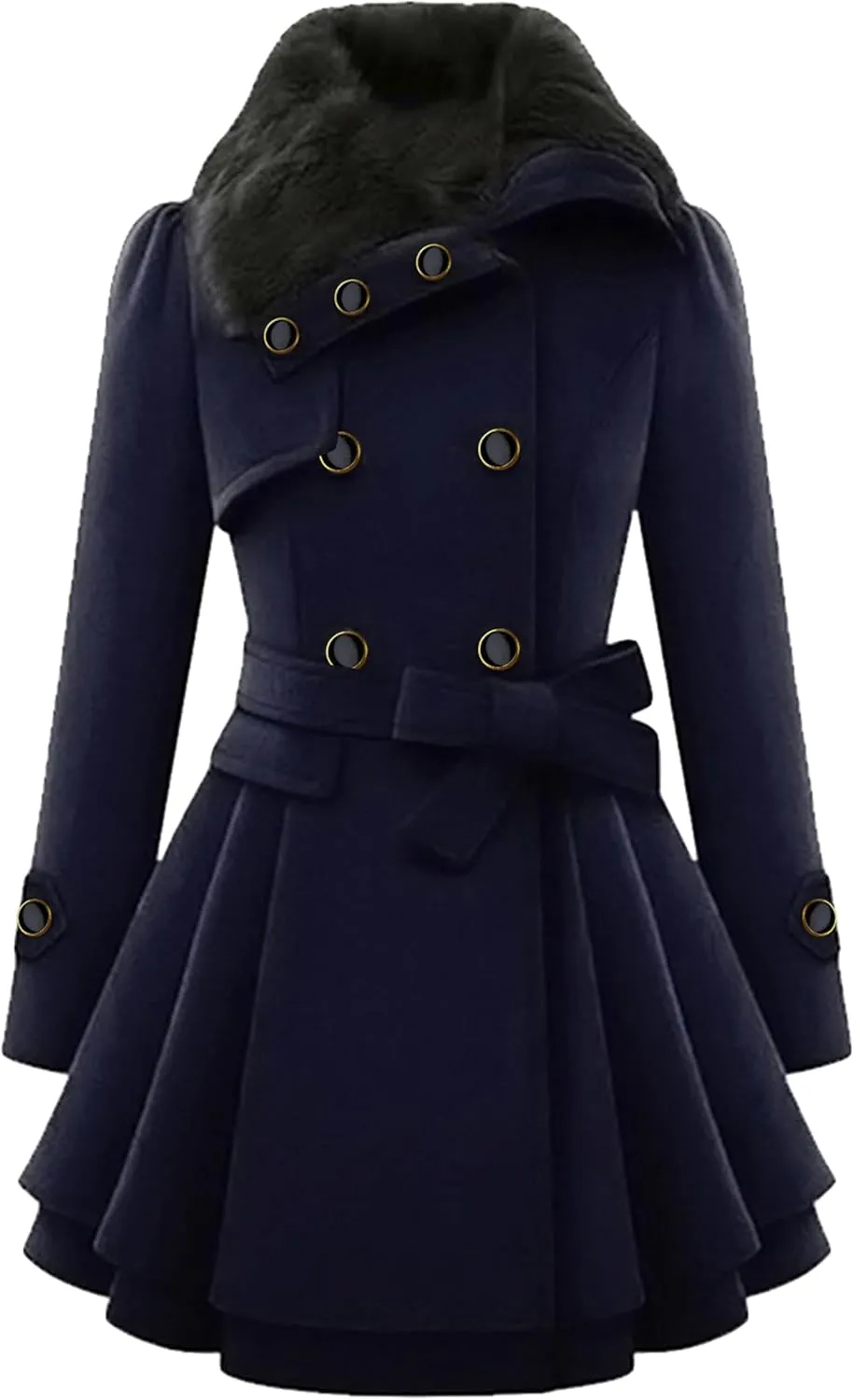 GRASWE Women's Winter Faux Fur Collar Coat Thick Wool Blend Double Breasted Trench Coat Warm Swing Jacket
