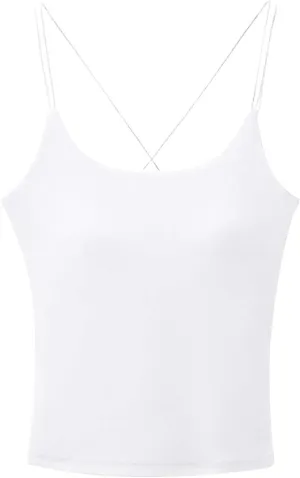 HGps8w Women's Cross Back Built-in Bra Camisoles, Spaghetti Strap Padded Summer Tank Tops Basic Soft Layer Cami Shirts