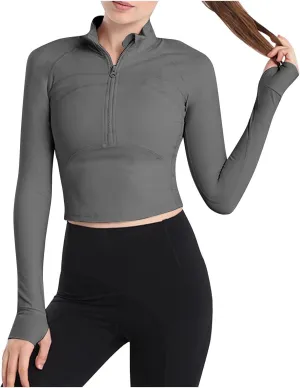HGps8w Workout Shirts for Women Quick Dry Long Sleeve Crop Tops Slim Fit Running Athletic Sports T Shirt with Thumb Hole