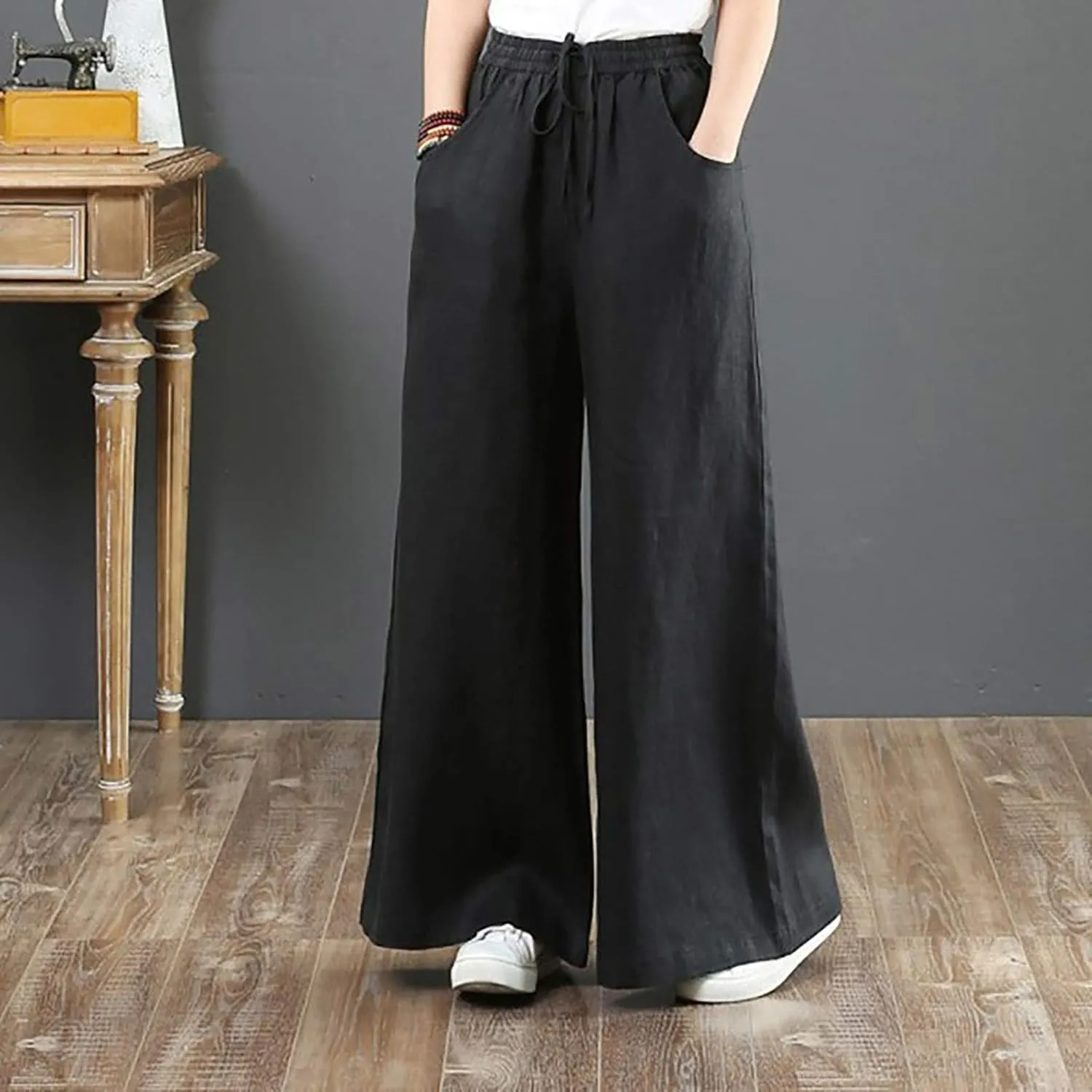 High Solid Fashion Waist Women's Wide Color Wash Trousers Pants Leg Plus Size Pants Women Plus Size Camouflage Clothes
