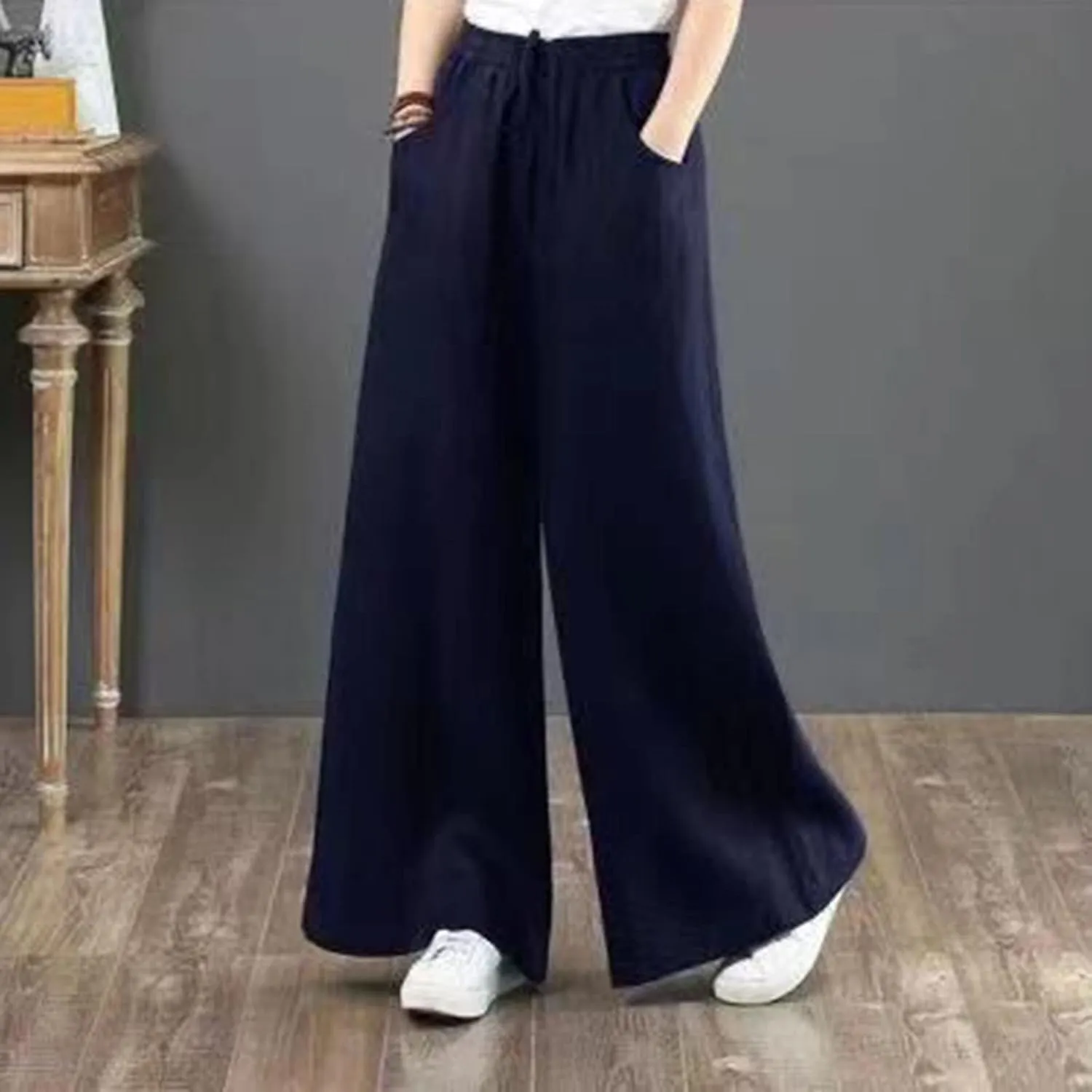 High Solid Fashion Waist Women's Wide Color Wash Trousers Pants Leg Plus Size Pants Women Plus Size Camouflage Clothes