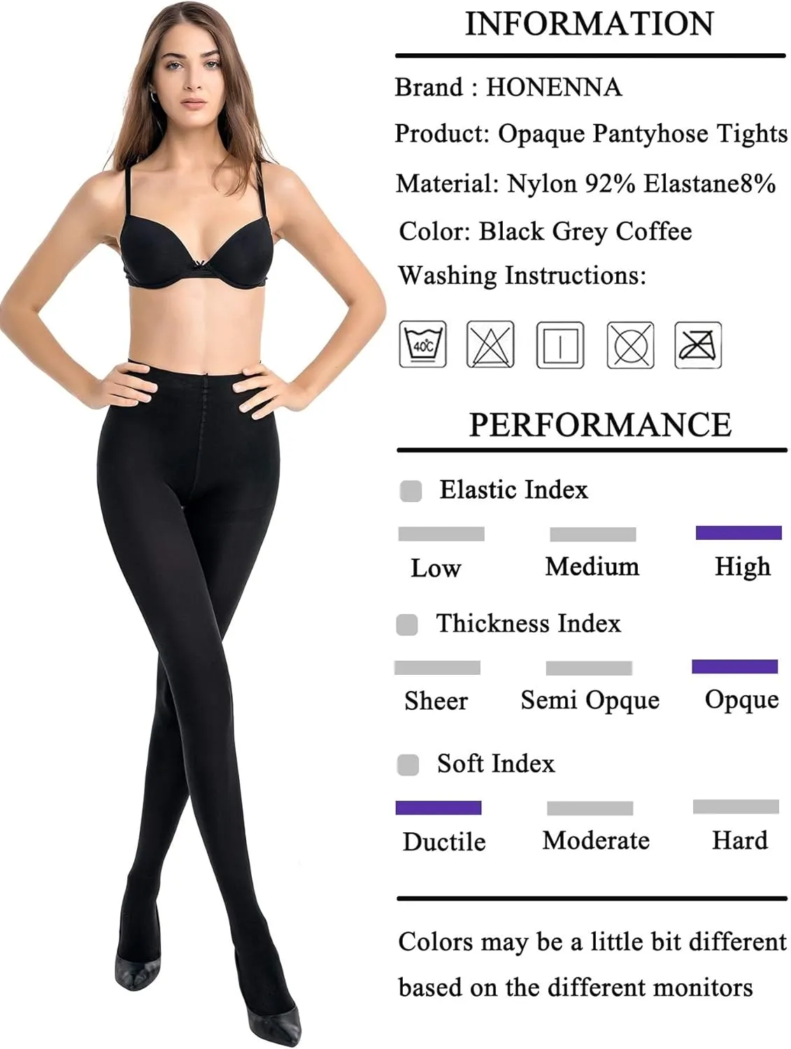 HONENNA Women's Control Top High Elastic Soft Opaque Pantyhose Tights