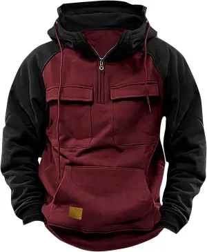Hoodies for Men Quarter Zip Aztec Pullover Tactical Jacket Fall Vintage Outdoor Hooded Cargo Sweatshirts Multi Pocket