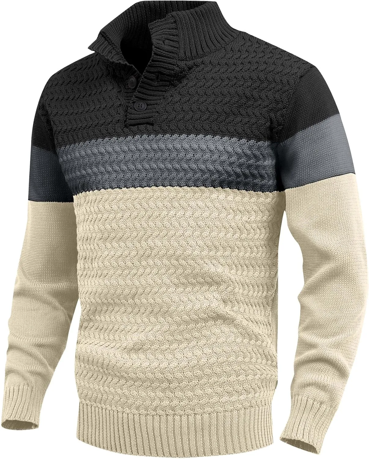 HYPESTFIT Men's Tri-Button Pullover Sweater Mock Neck Lightweight Casual Fashion Knitted Henley Sweater
