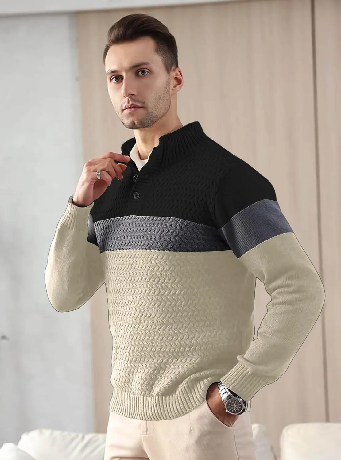 HYPESTFIT Men's Tri-Button Pullover Sweater Mock Neck Lightweight Casual Fashion Knitted Henley Sweater