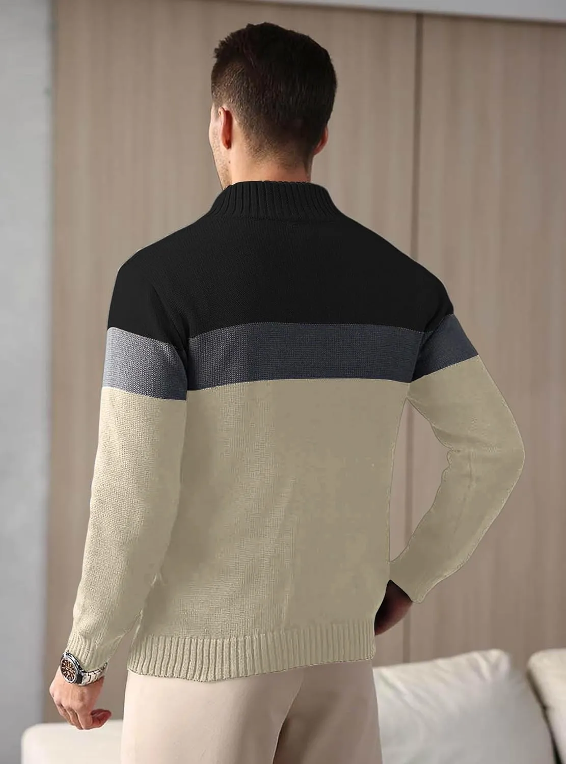 HYPESTFIT Men's Tri-Button Pullover Sweater Mock Neck Lightweight Casual Fashion Knitted Henley Sweater