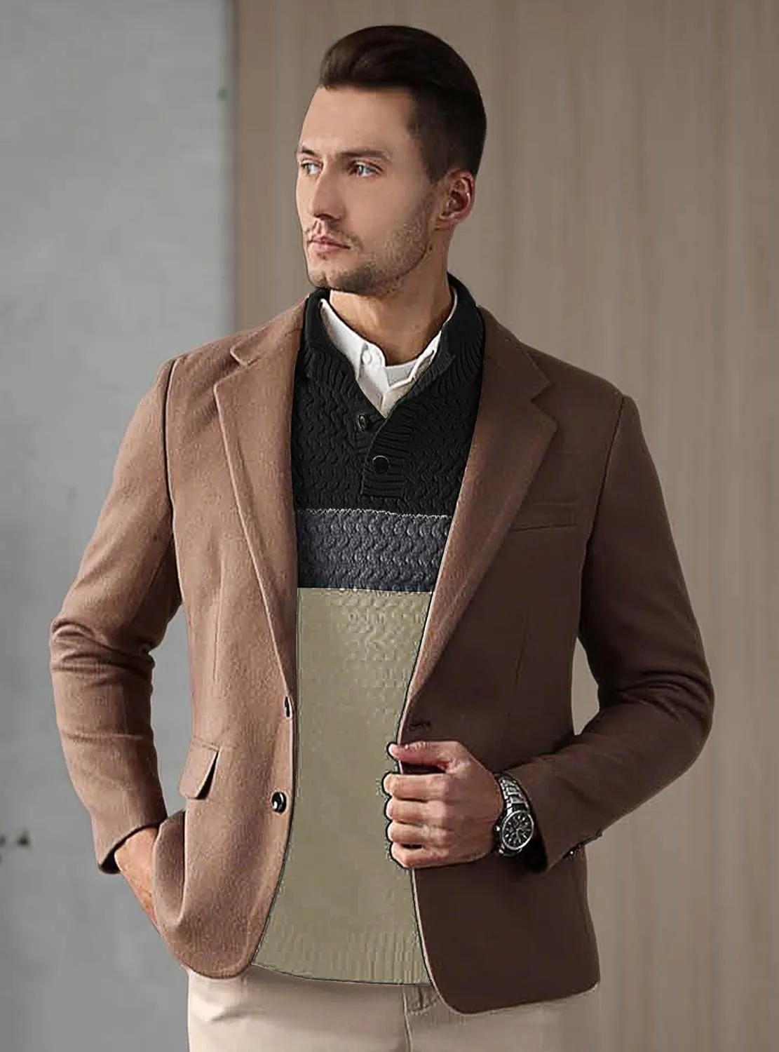 HYPESTFIT Men's Tri-Button Pullover Sweater Mock Neck Lightweight Casual Fashion Knitted Henley Sweater