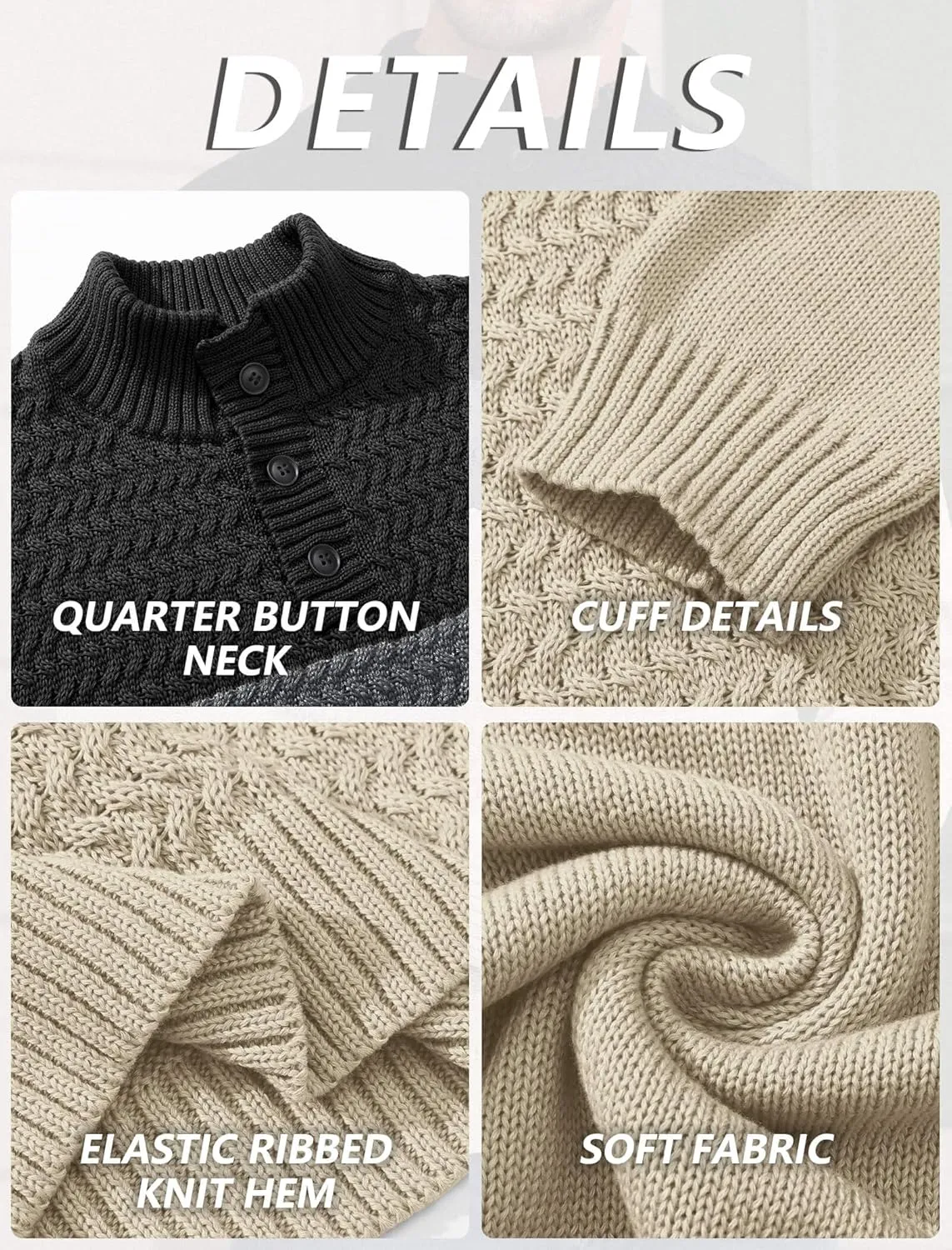 HYPESTFIT Men's Tri-Button Pullover Sweater Mock Neck Lightweight Casual Fashion Knitted Henley Sweater