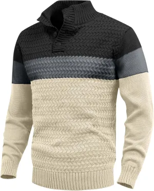 HYPESTFIT Men's Tri-Button Pullover Sweater Mock Neck Lightweight Casual Fashion Knitted Henley Sweater