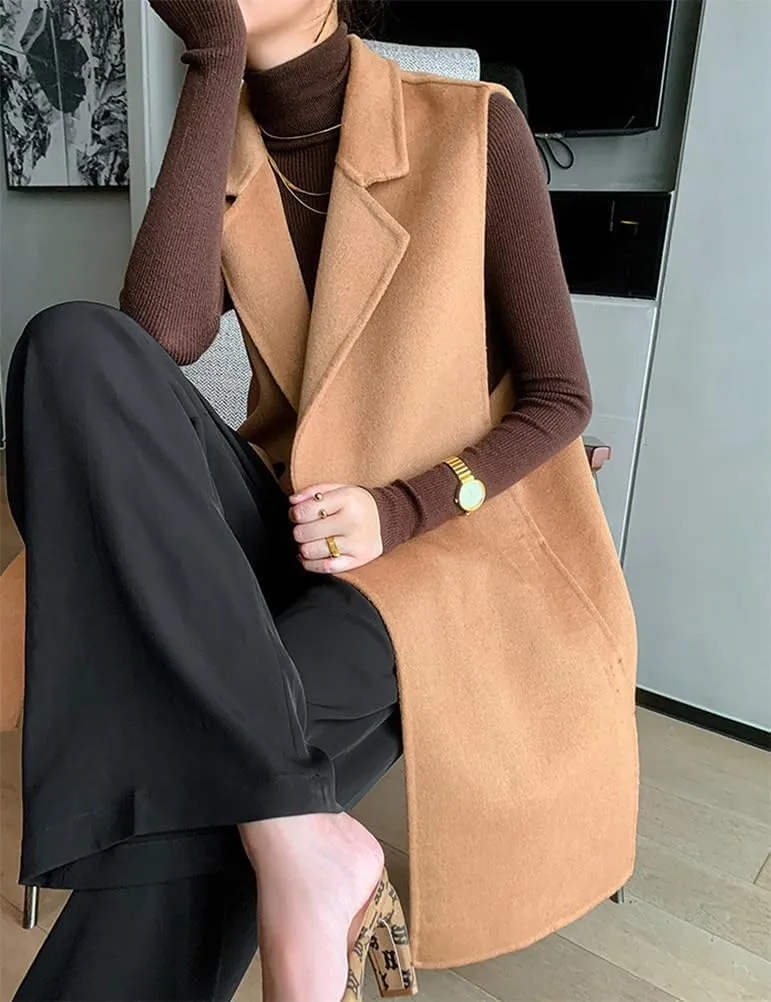 IDEALSANXUN Womens Long Wool Vest Fall Winter Sleeveless Blazer Jackets Wool Coat