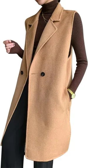 IDEALSANXUN Womens Long Wool Vest Fall Winter Sleeveless Blazer Jackets Wool Coat