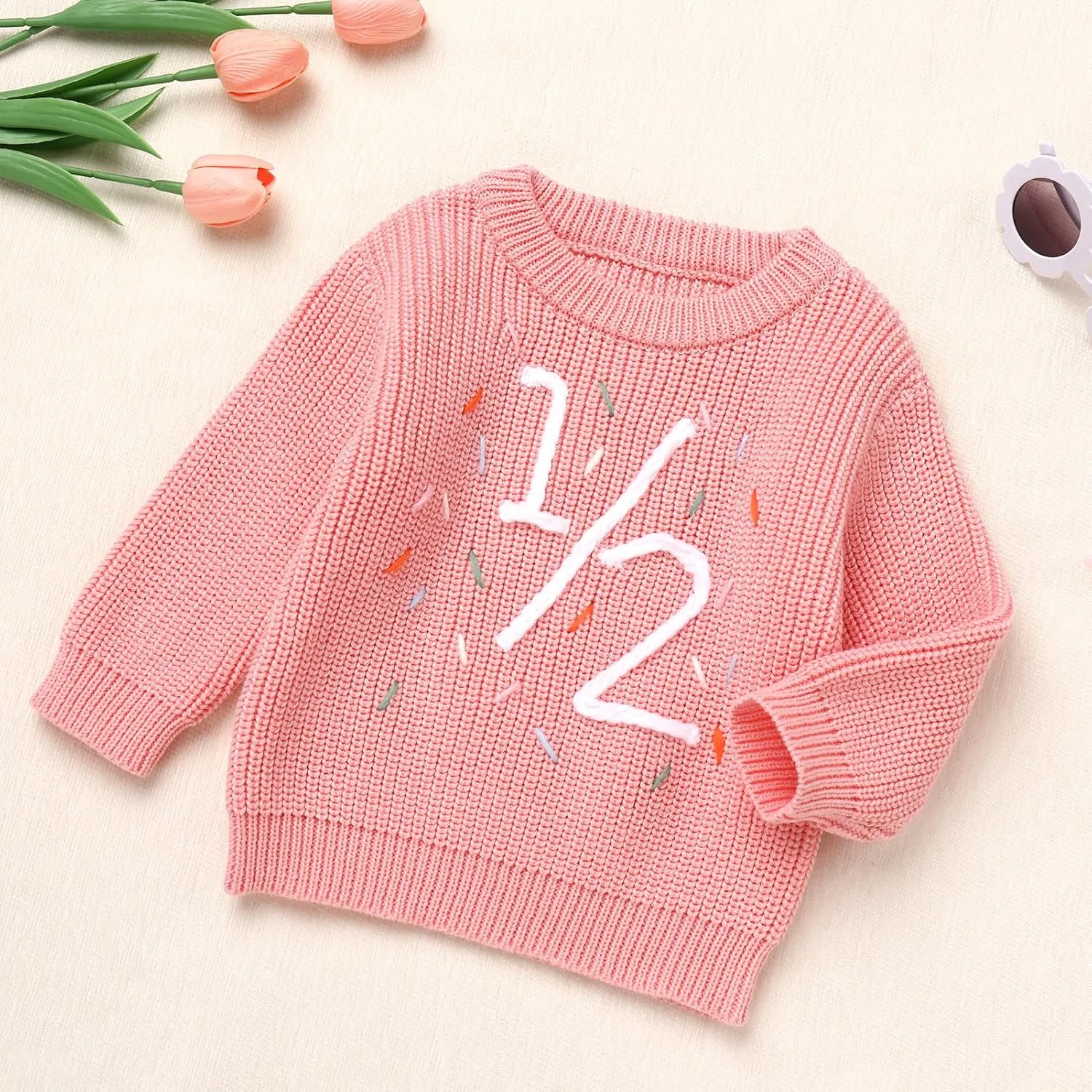 IDOPIP Toddler Baby Girls First Birthday Outfit Boho Embroidery One Sweater Top Knit Pullover Sweatshirt Fall Winter Clothes