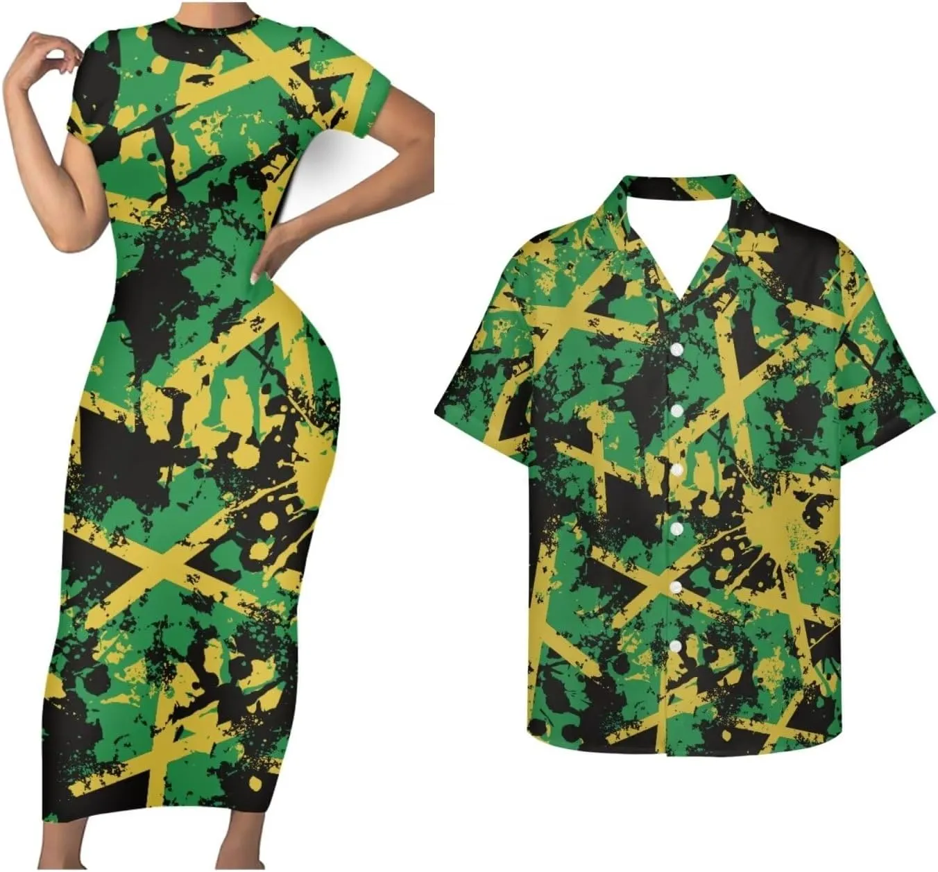 Jamaican 2 Piece Set Couple Outfits Women Jamaica Flag Short Sleeve Skinny Slim Dress Men's Shirt